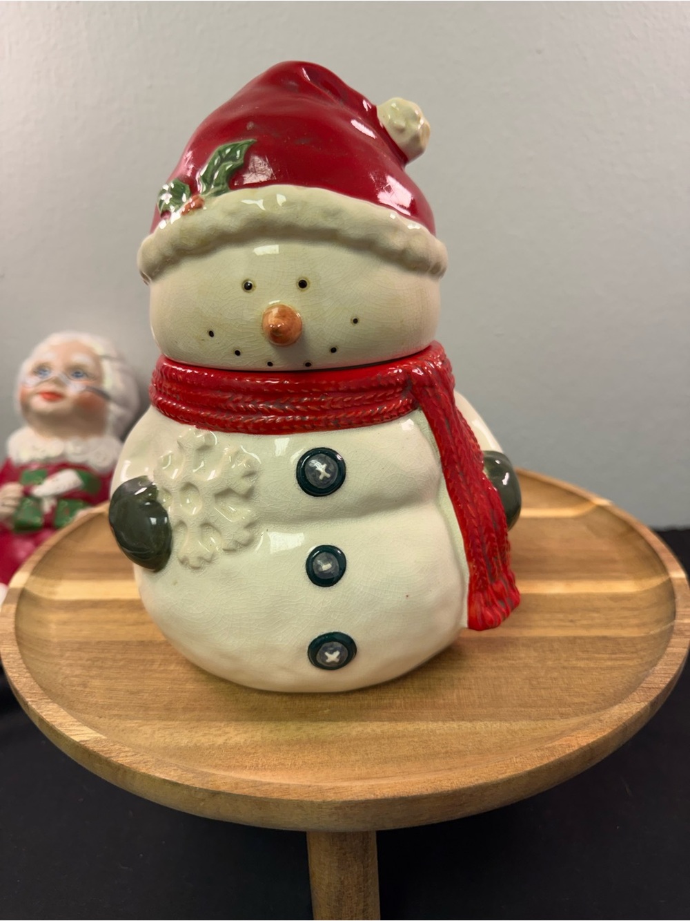 Russ Berrie Snowman Cookie Jar with Red Scarf & Holly Hat